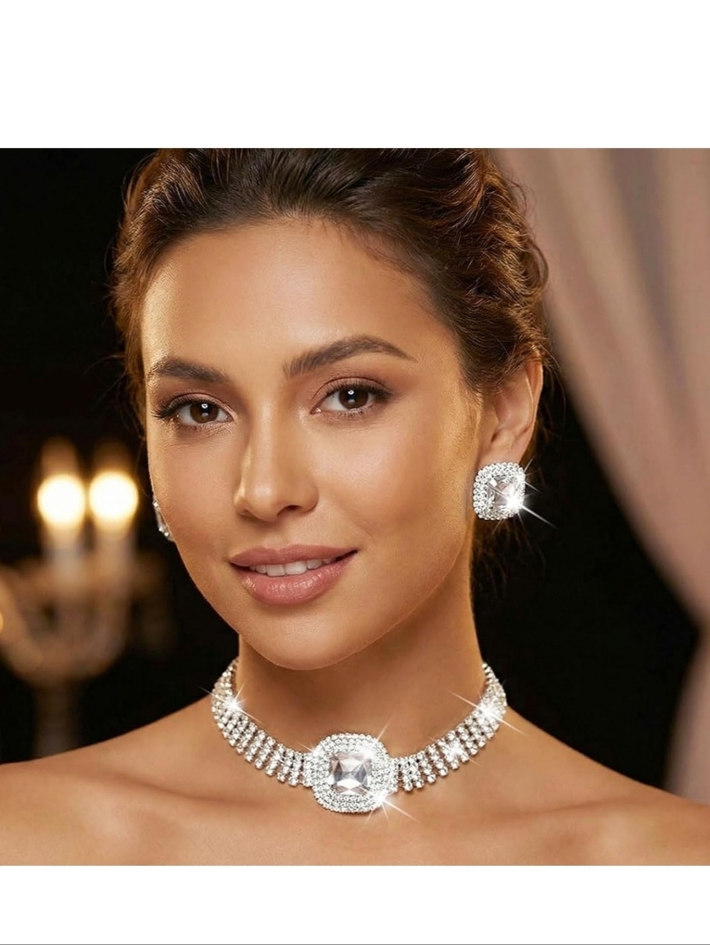 Elegant Silver Crystal Choker Necklace and Stud Earrings Set